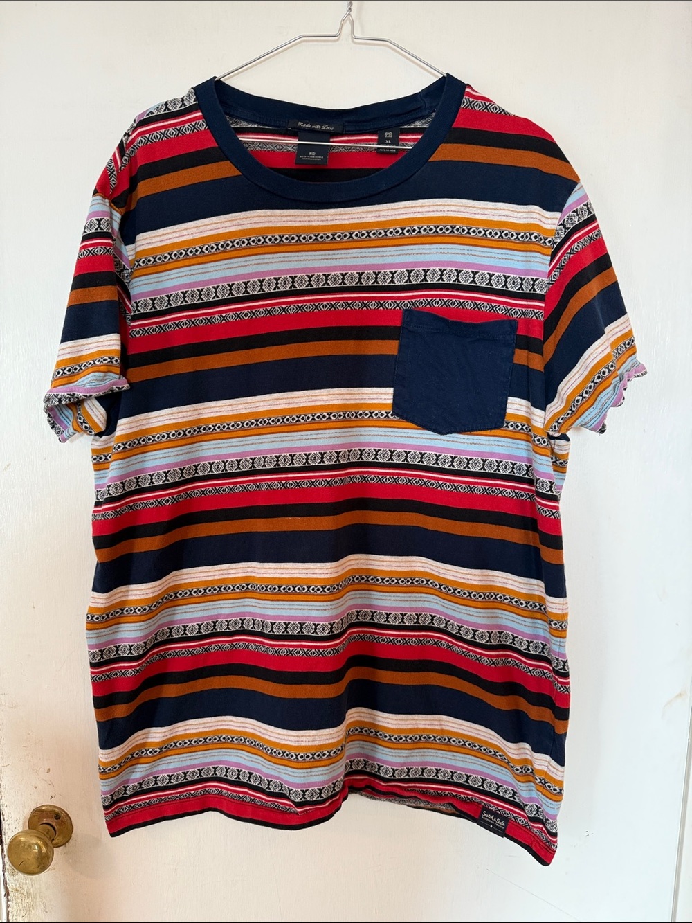 Scotch & Soda Multicolor Striped Pocket Tee - Navy, Red, Mustard | Men's XL
